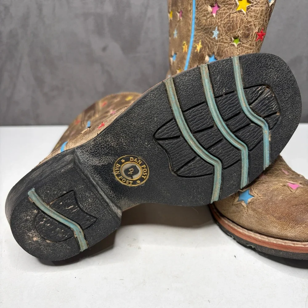 Dan Post Cowboy Boots Kids 13D Brown Multi Color Star Cutout Square Toe DPC2952